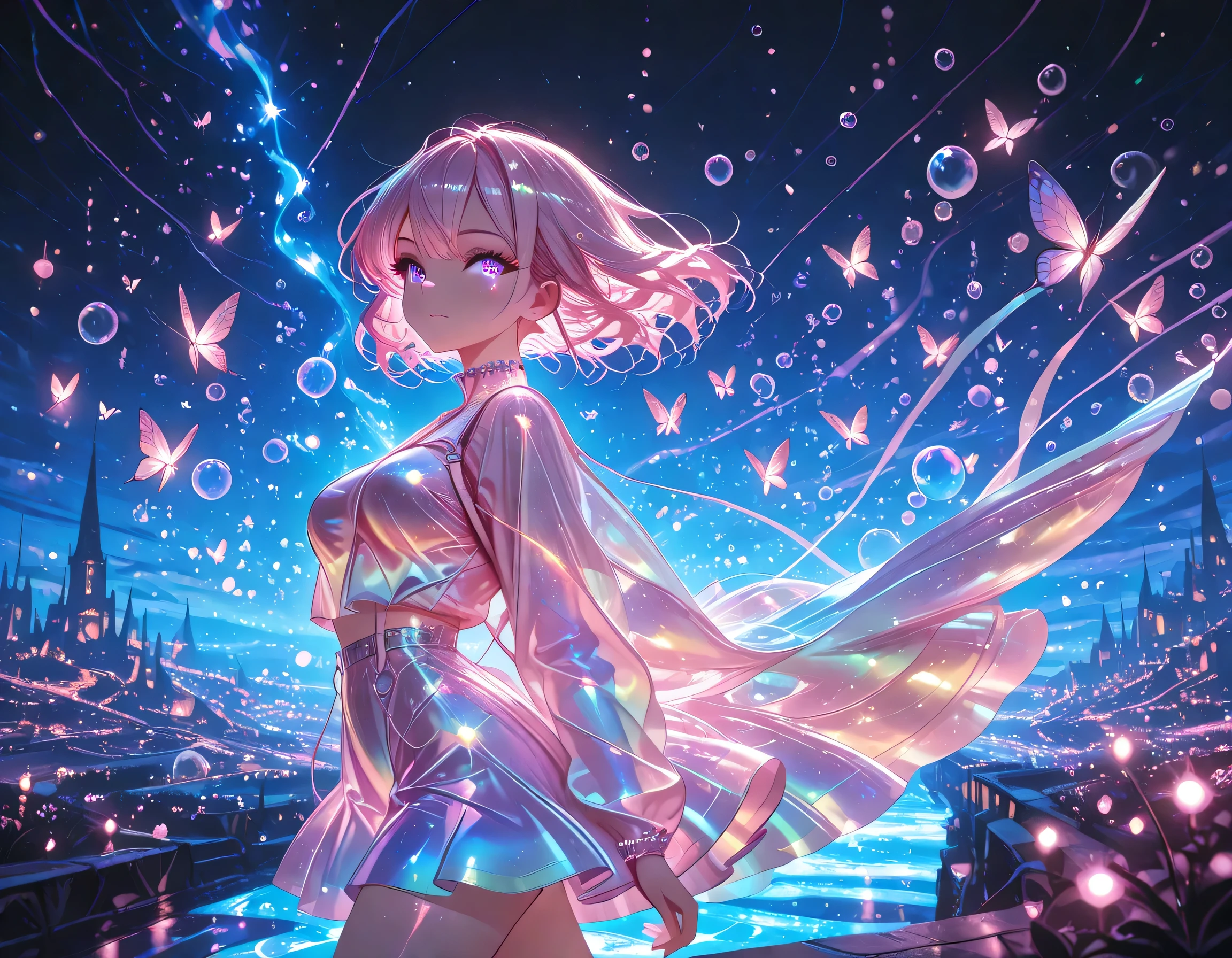 1 girl, violet eyes, light pink hair, short hair, cool, beautiful, medium breast, very cute, lovely, kawaii,
, color fashion outfit,
walking,((( floating clothes,floating hair))),looking at viewer, from side, wind, night,
,(Masterpiece ),(best_quality ),(HD_eyes),(ultra_quality ),(Detailed),(scenery),(cinematic_lighting ),(depth),(detailed hands ),(colorful masterpiece ),(high-definition_eyes ),misty, bubble, fantasy, transparent jewel, transparent crystal, light, glow, shine, shining, many butterflies in the background, neon colors, glowing, glow effect, vibrant colors, high contrast, fluorescent, luminescence, light effects, chromatic lighting, colorful lighting, bright outlines, neon lineart, dark background, digital art
