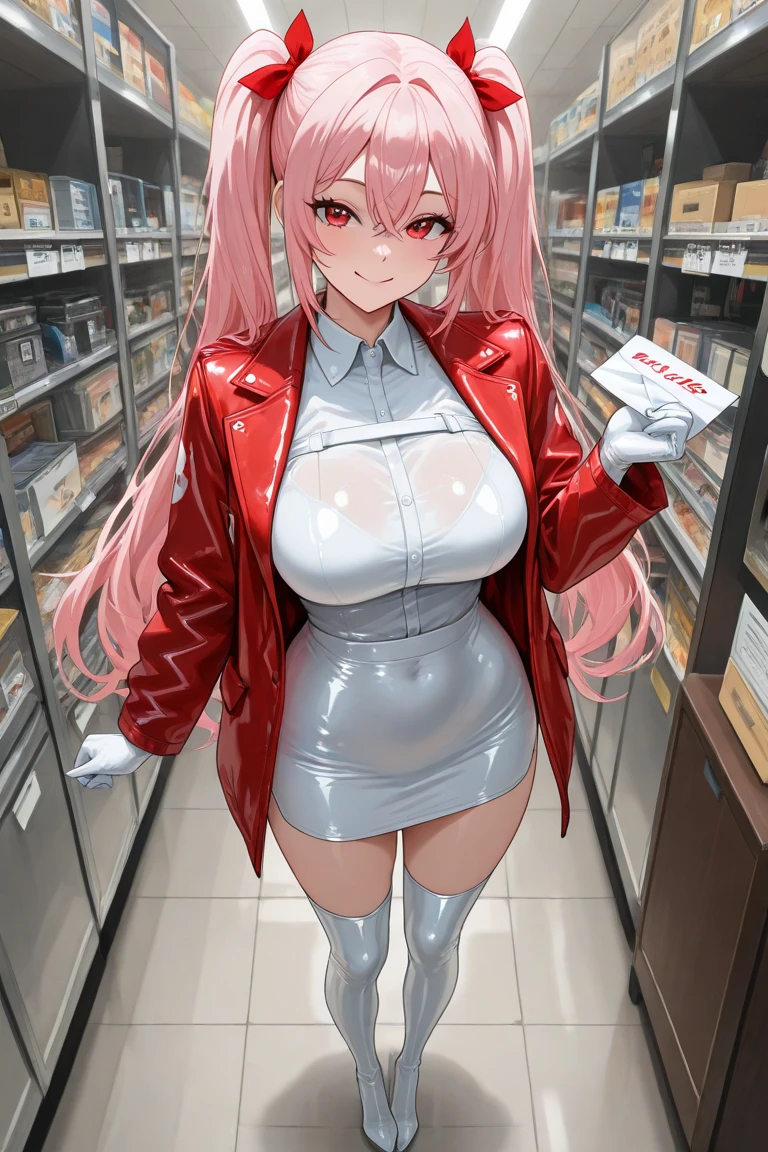 rabbit girl,medium breasts,pink long hair,wavy hair,pink rabbit ears,pink fur,cleavage,white dress skirt, glasses,red shoulder bag,heart collar,thick thigh,erect nipples,full face blush,looking at viewer,squinting eyes,smile,heart eyes,desire face,department store,hold a condom box