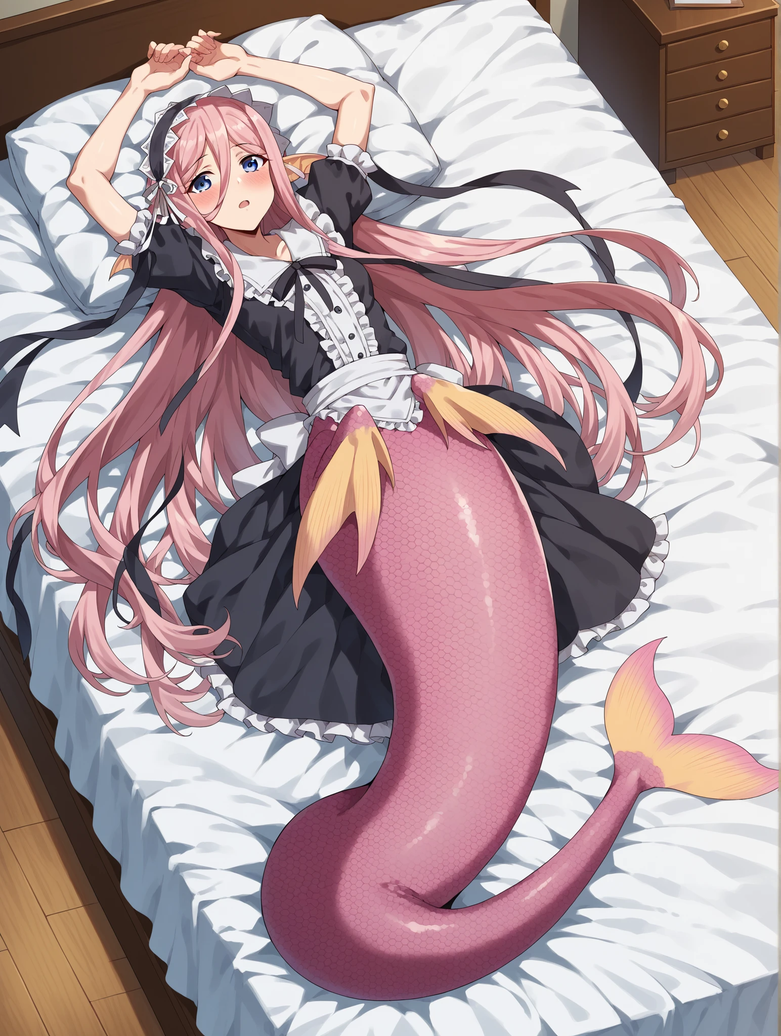 Long hair white,mermaid,white tail,hancuff in a bed,hospital