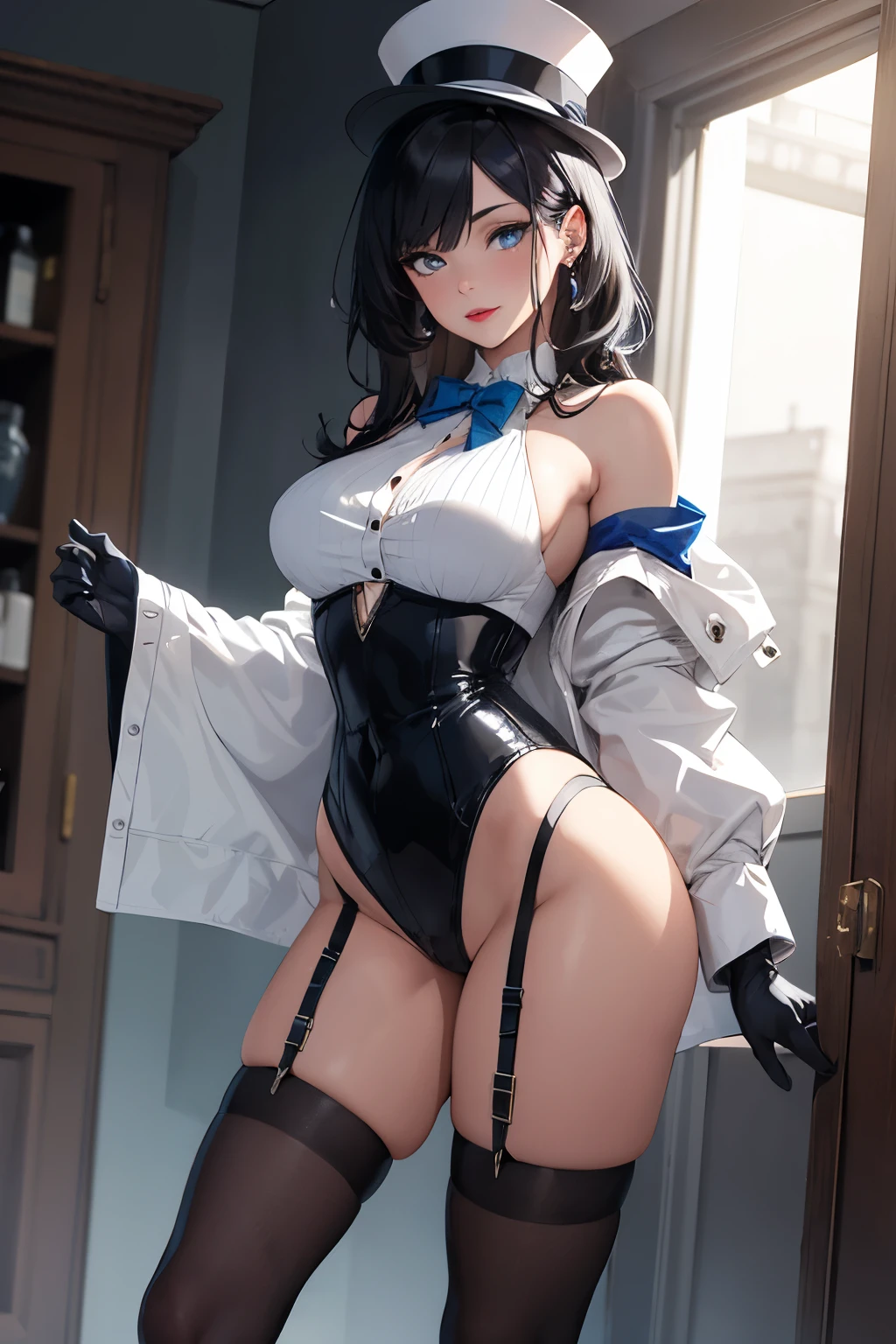 ((tie:2.0)),うさぎの耳とtie:1.5,(Huge breasts:1.8),(垂れ下がったHuge breasts:1.8),brown eyes,((High leg:2.0)),((leaning forward:1.5)) ,((hands on knees:1.5)),beautiful detailed eyes, sexy, beautiful, Big eyes, Droopy eyes, Anime-style image of a woman with rabbit ears and a black bodysuit,(black bunny girl:1.5),The best smile:1.5,((Wide Eyes:1.5)),(eye shadow:1.5),(Slightly red cheeks:1.5),(Plump lips:1.5),(((High leg:2.0))), (strapless:2.0),((bedroom:1.5)),(strapless:2.0),(Light-reflecting latex:1.5),((Elbow-length black leather gloves:2.0)),Big beautiful eyes:1.5,Cute like an idol, Perfect Skin,((black leather opera gloves:1.5)),(black leather thigh high boots:1.5),((Black Hair:1.5)),((black eye:1.5)),(Huge breasts:1.8),(垂れ下がったHuge breasts:1.8), ((Highest quality:2.0)),Perfect Anatomy,(((Highest quality:2.0))), 4K, masterpiece, Very detailed, Studio Lighting,Boob proportions, Fascinating anime, , Very detailed全身, Anime very detailed, Perfect body with realistic shading, have large breasts, Azur Lane Style, Photorealistic perfect body, Smooth anime CG art