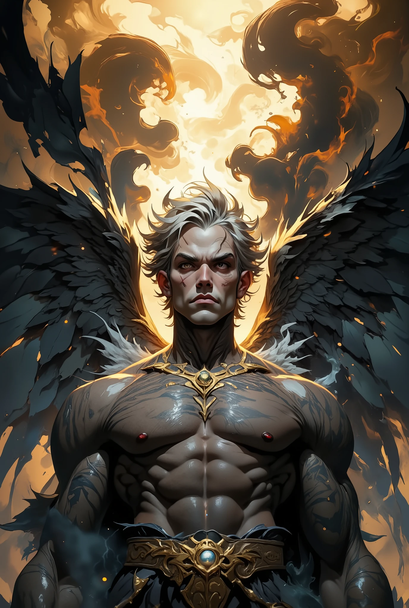 An explosion of gray, silver, grey, white, gold and black smoke in the form of a handsome male angel with wings