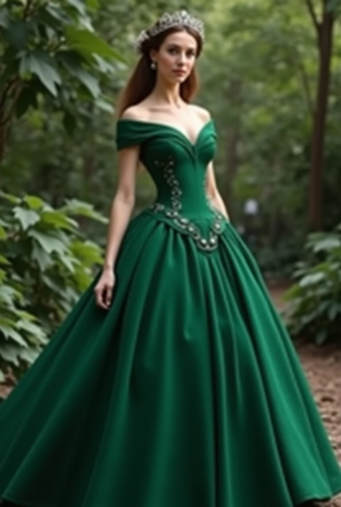 Masterpiece, absurdres, fine detail, HDR, highly detailed face and eyes, photorealistic, smiling, excited,ballgown, keira knightley in a green and white dress standing in front of a tree , wearing a ballgown,big breasts, detailed face, long eyelashes, colorful eye shadow, colorful makeup, 4k,8k,very tiny waist,full body photography