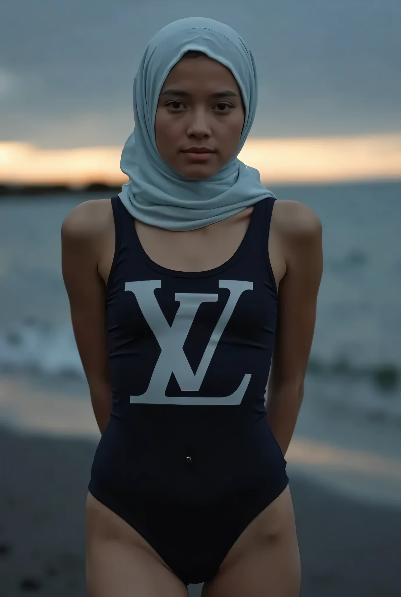 Front posing, Wearing Scarf neck tie, Front posing, SUPER SKINNY, (Thighs and calves muscles), (((GLOOMY FACE EXPRESSION))), "Wearing Hijab perfectly", wearing Scoop Neck Sleeveless 'Louis Vuitton brand big logo print' satin plain Bodysuits STRAPLESS swimsuit, (KEDUA BELAH TANGAN DILETAK LETAKKAN DIBELAKANG PUNGGUNG) PLEASE DON'T PUT ANYTHING ROPE!!!, THIGHS OPEN WIDE, THIN SKINNY HIJAB INDO MALAY (Singlet ), 1 girl, Half body portrait, (face details: 1), (Eye details: 1), ultra high res. realistic: 1.4, UHD, (((dark background))), Background Di tepi pantai senja