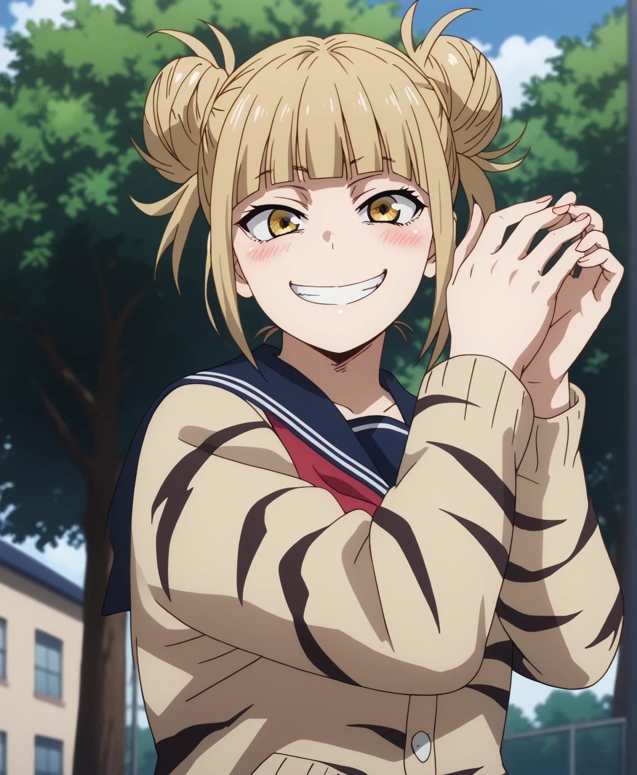 Himikotoganova, (perfect eyes), blonde hair, double good, messy hair, bangs, yellow eyes, serafuku, bags under eyes, smile, open your mouth, blue skirt, long sleeve, red neckerchief, chest, sit,open your legs,highest quality