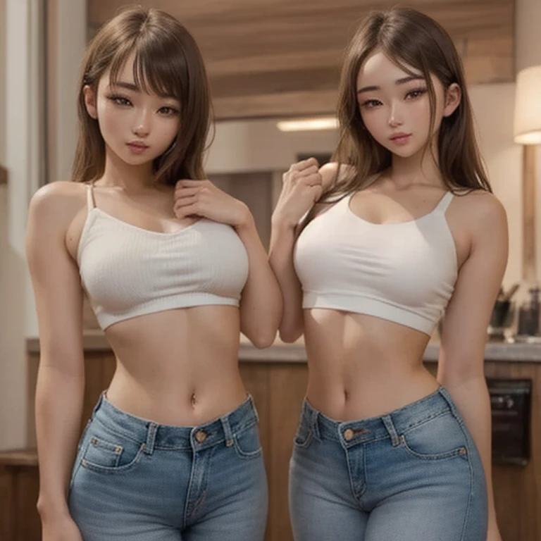 (2 girls of the same age:1.2) , couple focus, japanaese girl, Adorable, 14years, Twin-tailed, hair scrunchie, Ruffled Tank Top,Short pants, (Smile), A clear day, Standing, , (Low contrast:1.1), (High color saturation:1.0), (highlydetailed skin), (Best Quality:1.0), (超A high resolution:1.0) ,(photographrealistic:1.0), (ultra-detailliert:1.0), (8K, Raw photo:1.1),(Big Breast, underboob:1.0)