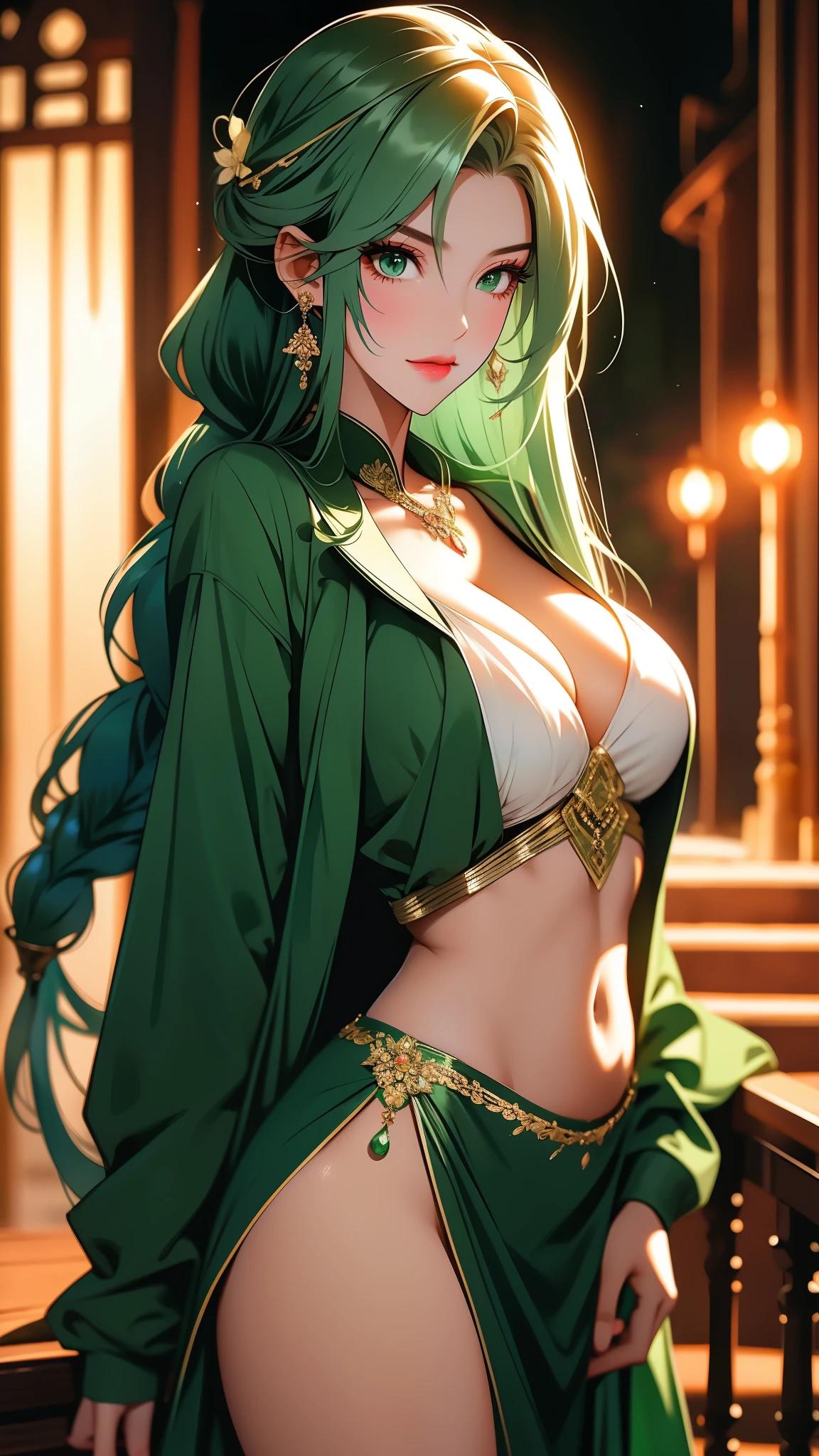(tmasterpiece, quality, Best quality at best, offcial art, Beautiful and beautiful:1.2)Long green hair,Flowing hair,Sexy face,hair adornments,Issuing,Headbands,sexy gorgeous dress,revealing her belly,large tities,plumw,The sheen,Be red in the face,exquisitedetails,