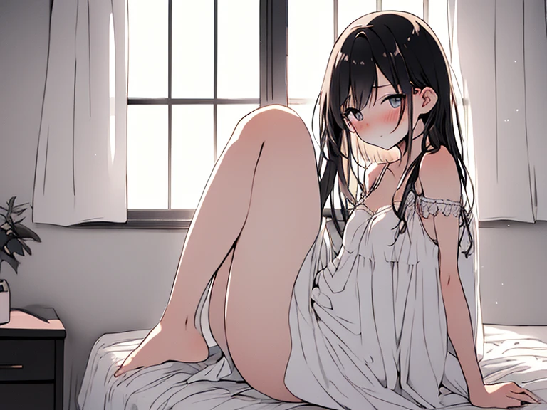 Girl with hair down to her feet、White thin camisole and soaking wet, transparent breasts、Cute white underwear visible through a red tanding posture、barefoot