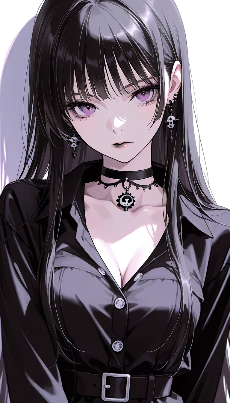 Caucasian female, korean, with long black hair, fror tattoo on left chest