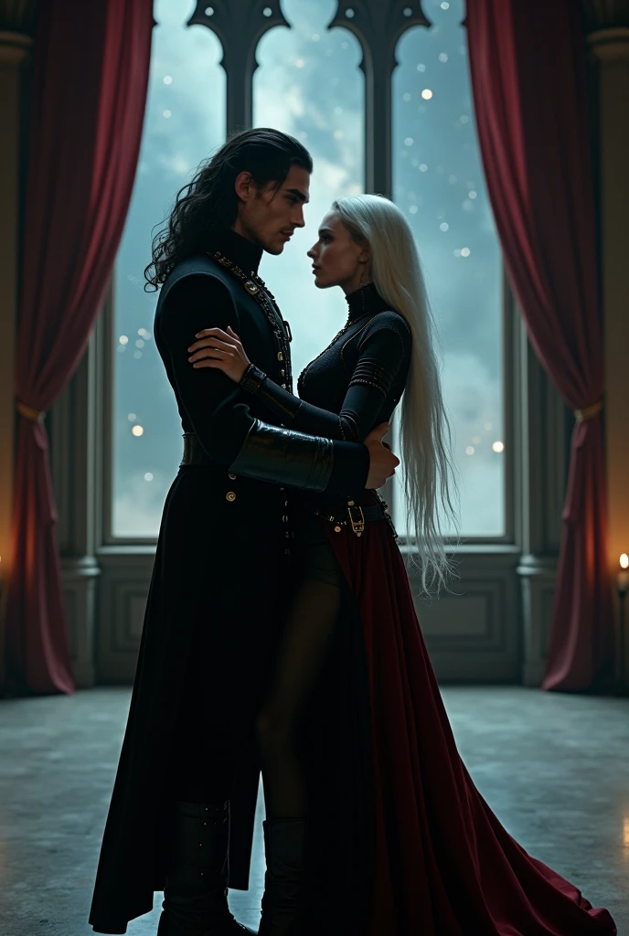 ((ultra detailed, masterpiece, best quality, photorealistic image, full-length portrait)), <lora:W3Geralt:0.85> W3Geralt, inside a medieval castle, wide fov, two person, man and woman, hugging, Geralt of Rivia and Yennefer of Vengerberg, <lora:W3Yennefer:1> W3Yennefer