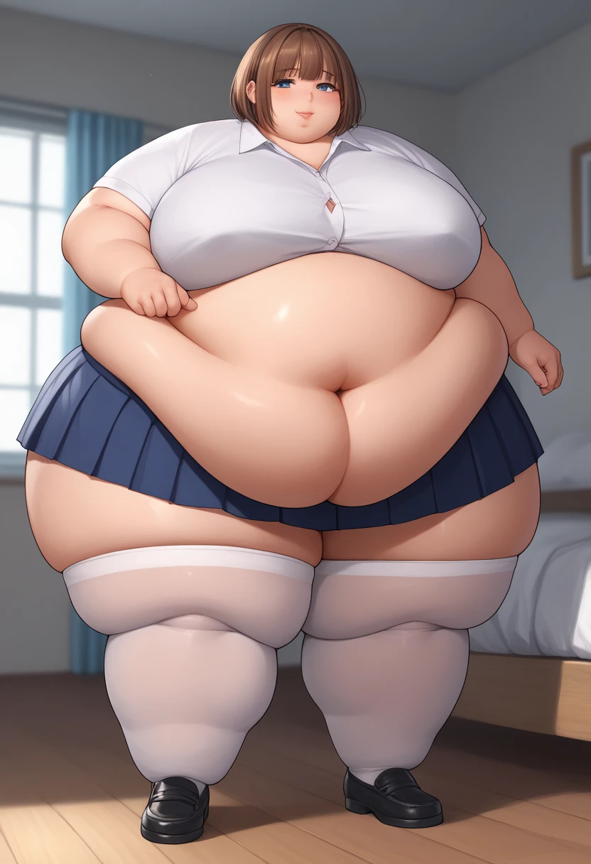 (masterpiece, best quality, glasses, full body), 1girls, big belly, blurry background, huge belly, art by kipteitei, round belly, chubby, curvy, white button-up shirt, skirt, thighhighs, simple_background, gradient_background, belly bursting out of shirt, belly grab, enormous belly, fat belly, thicc, bigger belly, sitting on chair, really big belly, jiggly belly, shirt covering belly, belly cover by shirt