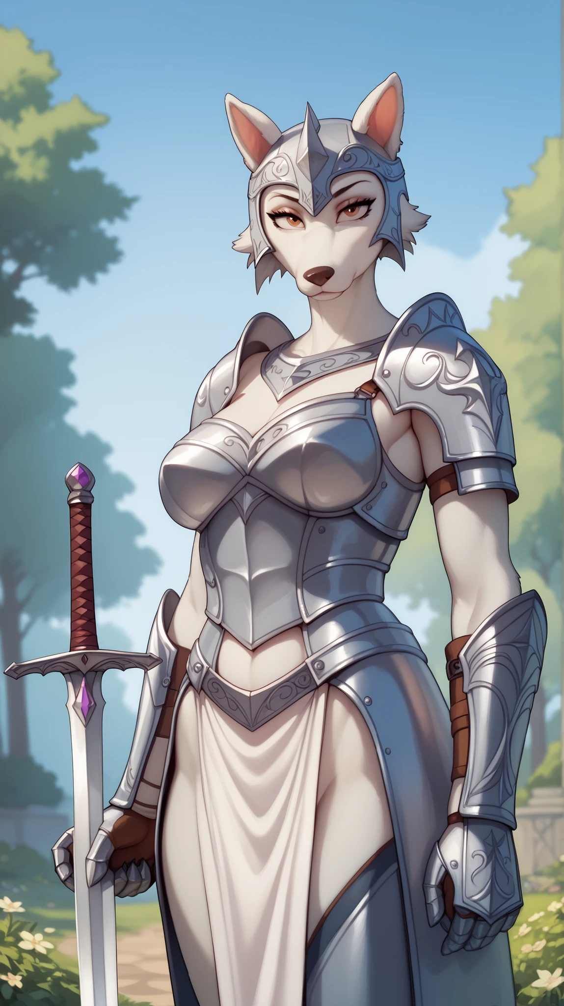 looks at the viewer, Outside, white fur , Anthropomorphic wolf girl, sexy armor, a sword, helmet, Correct anatomy,
