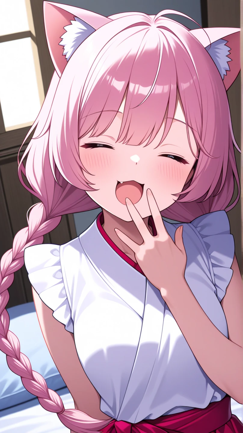 nsfw,girl、Braid、Pink hair、Cowgirl、Angle from below、Nurse uniform、Close ~ eyes、sexual excitement、