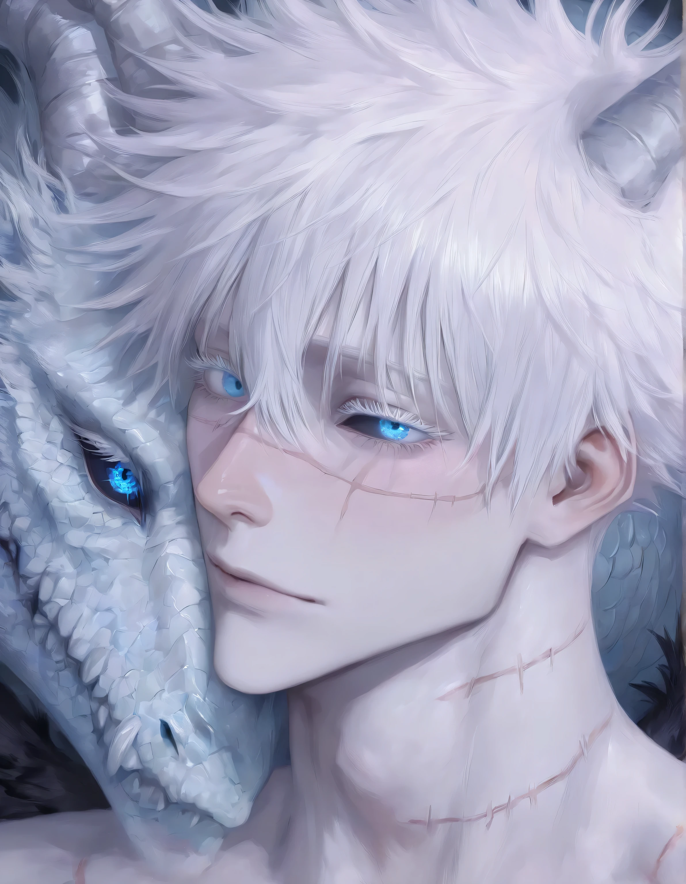 1man, adult, male focus, gojou satoru, jujutsu kaisen, white hair, short hair, ((hair between eyes)), colored eyelashes, white eyelashes, blue eyes, intricate eye iris, detailed eyes, muscular male, sexy man, handsome man, handsome face,
, horror creature, inhuman, horns, scales, huge body, scars, stitches, pale skin, sick, looking at viewer, black wings, eyebags, black sclera, dark, dark magical forest background, dark lighting, portrait, masterpiece, best quality, high quality, best resolution, 8k, newest,(pastel pale colors, muted colors, pastel aesthetic, soft features),(semi_realistic_art_style, unique_horror_aesthetic, creative_design, detailed_shading, thick_outlines, detailed_shadows, midjourney_art_style, unsettling_vibes, detailed_art),painted art style, paint style, acrylic piainting, oil painting, layered painting, semi-realistic art style, attractive features, detailed features, pseudo-realistic style, semi-realism, detailed colouring, detiled painting, detailed style