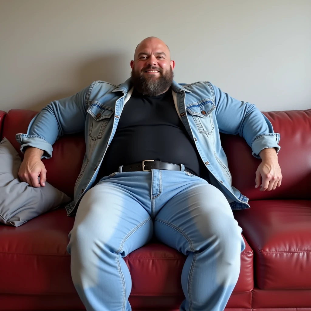 (best quality, 4k, high resolution, masterpiece: 1.2), ultra detailed, close up, Image of a street-style photograph featuring a close up face portrait of a big huge beefy muscular mature old muscle man sitting with his legs spread on a circular bench surrounding a tree. The man has a light skin tone, a well-groomed white beard, and is wearing dark sunglasses. He is dressed in a tight blue jacket over a partially unbuttoned tight blue shirt, skin tight blue ripped jeans, huge erect penis out, ejaculating, and black mid-calf booties. The background shows an urban setting with arched doorways in the distance. The overall color palette is muted, focusing on the man's elegant attire and confident pose