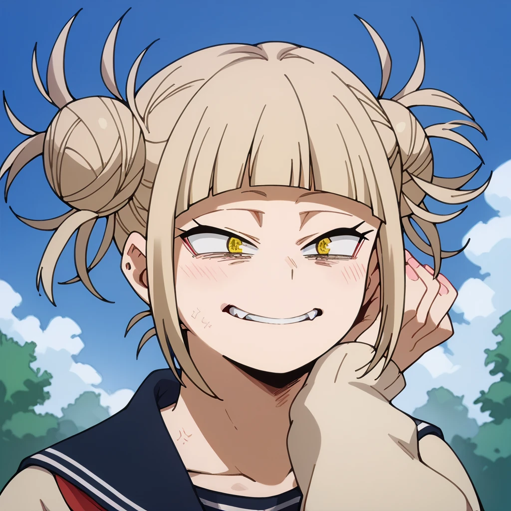 1girl, solo, standing, upper body, toga himiko, himikotoga, togahimiko, blonde hair, short hair, double bun, yellow eyes, smile, fangs, nude, small breasts, beige cardigan, covered nipples, white background, simple background, <lora:himiko-toga-locon:1> serafuku, red neckerchief, black skirt, school uniform,
<lora:Rabbit v2:1>