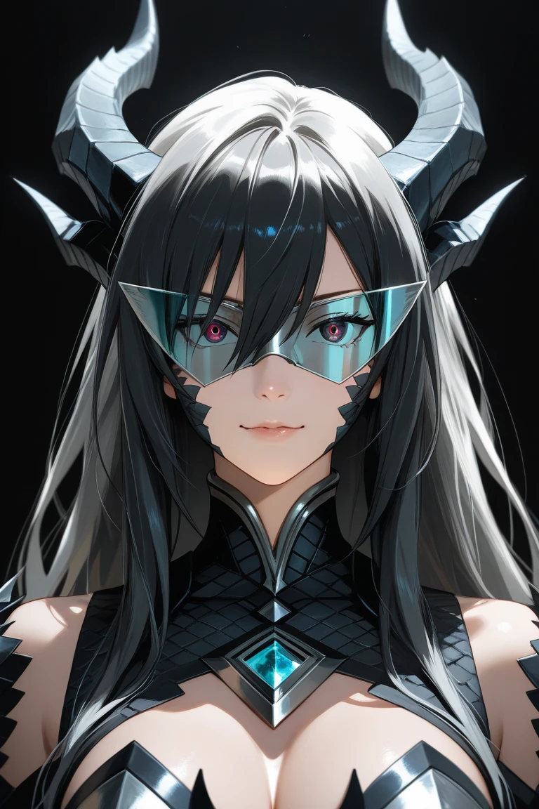 high quality, 8k, high details, high texture, upper body, monster demon 1girl, red short hair, blue eyes, beautiful face, earrings, cyborg mech berserker body of monster demon, water lake, tree canopy, sunlit, weak lights and shadows