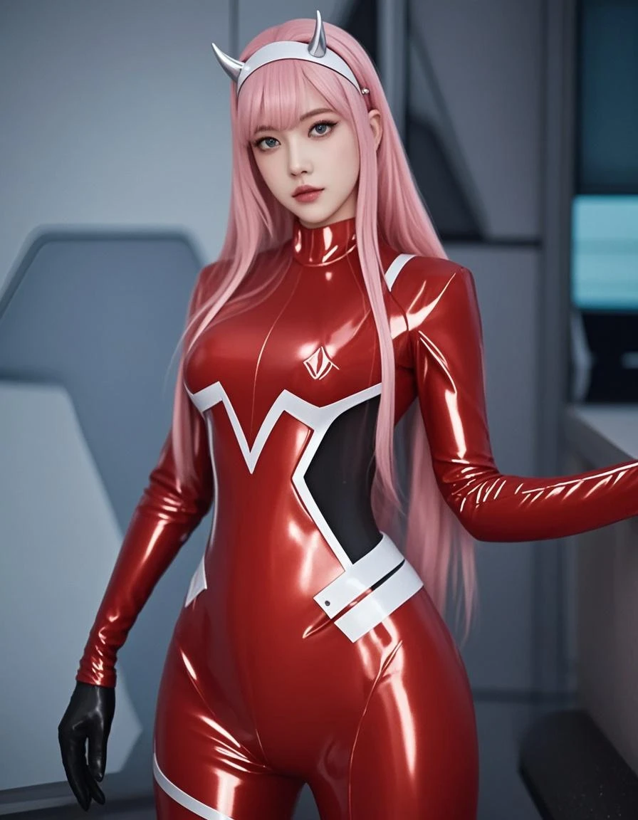 Zerotwo,Spread your legs,Pilot suit, red suit, pink hair, red eyeshadow, sci-fi skinny solo,Pilot costume, Red tights with white details