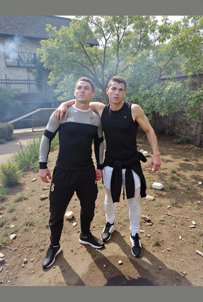 2 teen males posing, (((16yo))), sport body, atmospheric, camo cargo pants, white socks, square teen male face, full body view, focused on face, dark atmosphere, wet body, hug, red sneakers, topless