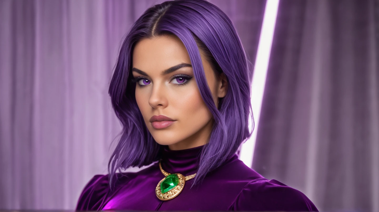 Purple hair and glowing purple eyes, golden hue skin, clear skin, hyper realistic, best quality