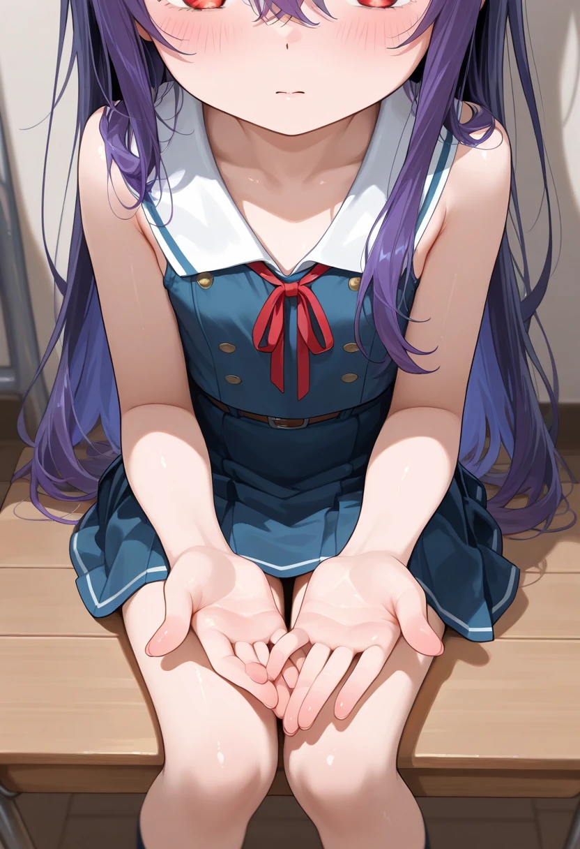masterpiece, best quality, ultra-high-detailed, cowgirl position, holding hands, 1girl, 1boy, sex, girl on top, straddling, Shinoa Hiiragi, purple hair, braided hair, purple ribbon, grey serafuku, green necktie,