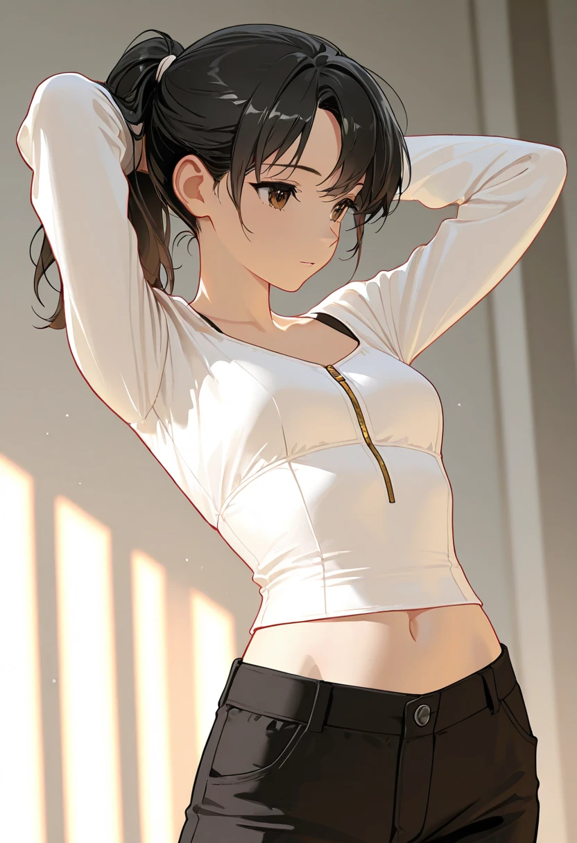 crop top, Oppai, 1 fille dans, Seulement, Seulement Focus, Tir de cow-boy, portrait, oversize hoodie, sweat à capuche, cheveux brun, ((yeux roses)), Ultra detailed eyes, emploi, (Peau noire caramel:1.1), best quality, Ultra-detailed, fond blanc, fond simple,culotte blanche、
