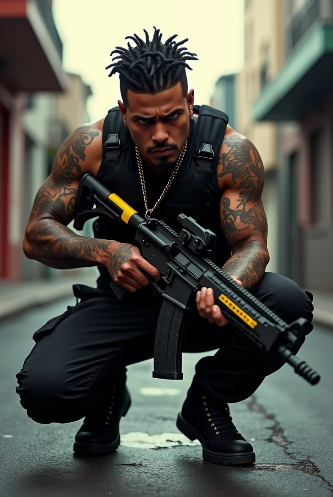 um homem sem camisa segurando uma arma e um telefone celular, xxxtentacion, segurando um mp7, fortemente armado, tiroteio de sakuga, man is carrying a rifle, segurando pdw, British gang member, Pistola montada no ombro, mp5s, membro de gangue de Londres, segurando rifle, segurando uma arma, Carregando uma arma, com rifle, Lil Uzi bateu