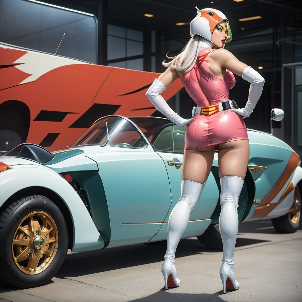 ((Penelope pitstop from wacky races animated series)) ((beautiful face)) (red lips) ((long blonde hairstyle with bangs)) ((very huge breasts) (perfect slim body) ((wears leather pink tiny string thong long boots)) ((long scarf)), ((racing helmet)) ((posing sexy alongside racing car at start line speedway))(high definition, dynamic lights and shadows) ((masterpiece)) (8k) (perfect face) (best quality) (perfect hands)