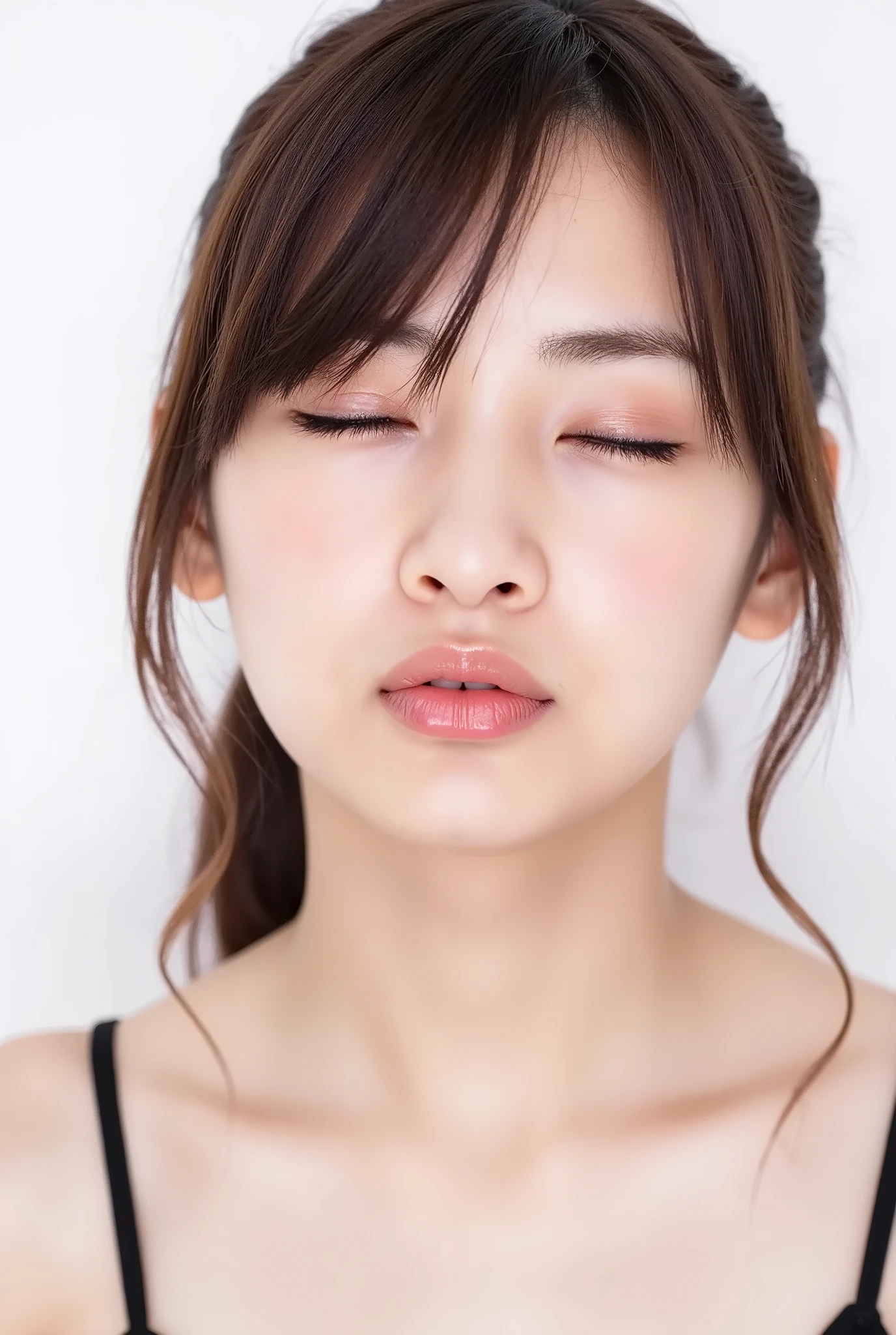 ultra-detailed close-up of a beautiful girl, collarbone-up composition, white studio background, soft natural lighting, slightly elevated front camera angle (around 35-60 degrees), full face and head visible in frame, chin gently lifted as if reaching up, head slightly tilted for cuteness, hands behind back and not visible, black camisole strap visible, soft innocent charm, longing and dere-dere expression, blissful and euphoric smile with flushed cheeks and ears, dreamy and adorable aura, eyes gently closed or nearly closed with soft lashes, expression overflowing with affection and dazed joy
extremely puckered lips forming a tight rounded "O" shape, strongly pursed lips protruding forward, circular and centered kiss-mouth, shimmering glossy lips with wet highlights, lips reflecting light with moist texture, hyperfocus on lips with soft depth-of-field blur around face contour to draw attention, slightly parted mouth (optional) to hint at tongue, but lips retain the tight circular shape
realistic natural skin texture with visible peach fuzz and matte softness, no visible makeup, subtle facial pores and skin microdetails, romantic soft glow
intense feeling of affectionate anticipation, cute and bashful yet deeply inviting kiss pose, soft warm atmosphere
