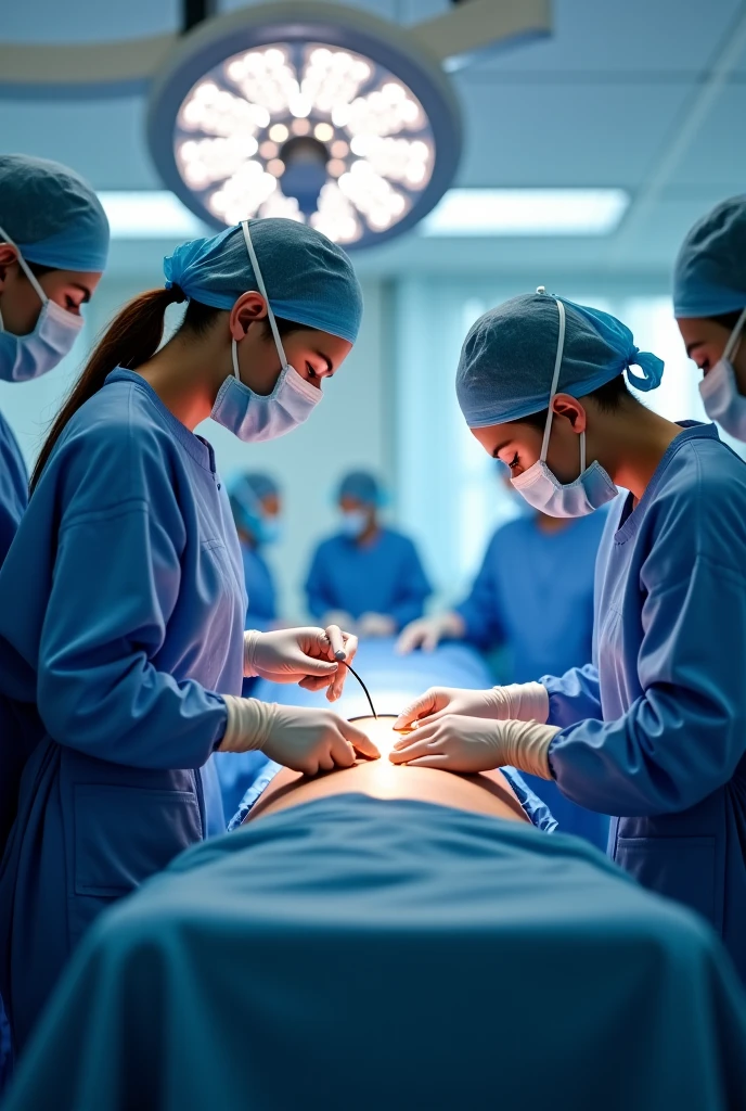 masterpiece, highest quality, (solo focus), (perfect face:1.1), (high detail:1.1), (hyper detailed eyes),Male patient on operating table、Japanese high school girls performing abdominal dissection 2、(Sadistic female doctor opening her laparotomy:2)、Japanese high school girl with scalpel for surgical surgery、Devilish Smile, Look at viewers