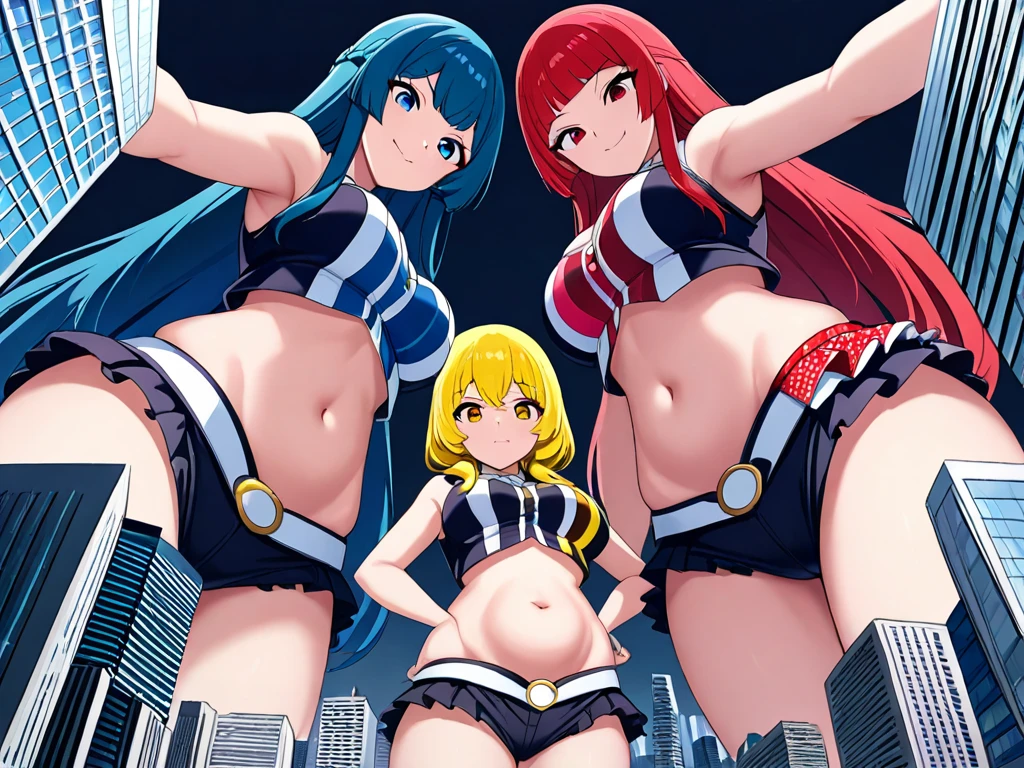 (obra maestra, Mejor calidad:1.2), 2 chica,cara a cara, Mirarse el uno al otro, de pie_dividir,both de pie dividir,Besarse,pantalones vaqueros azules, cuerpo completo