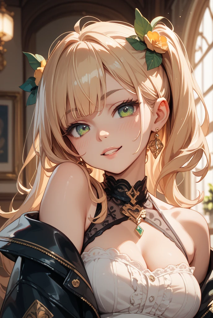 (masterpiece, top quality, very aesthetic, 4k、illustration), intricate detail, 1woman,solo,contrapposto 、(gradient eyes、tareme)、Strong glowing eyes、asymmetrical bangs,Fair skin,(upper body)、beautiful women、Cleavage、 smile、(red lipstick),beautiful face、(gradient hair)、(blonde hair)、curly hair,sidelock ,parted bangs,green eyes、Layered Dress、large breasts、slender 、