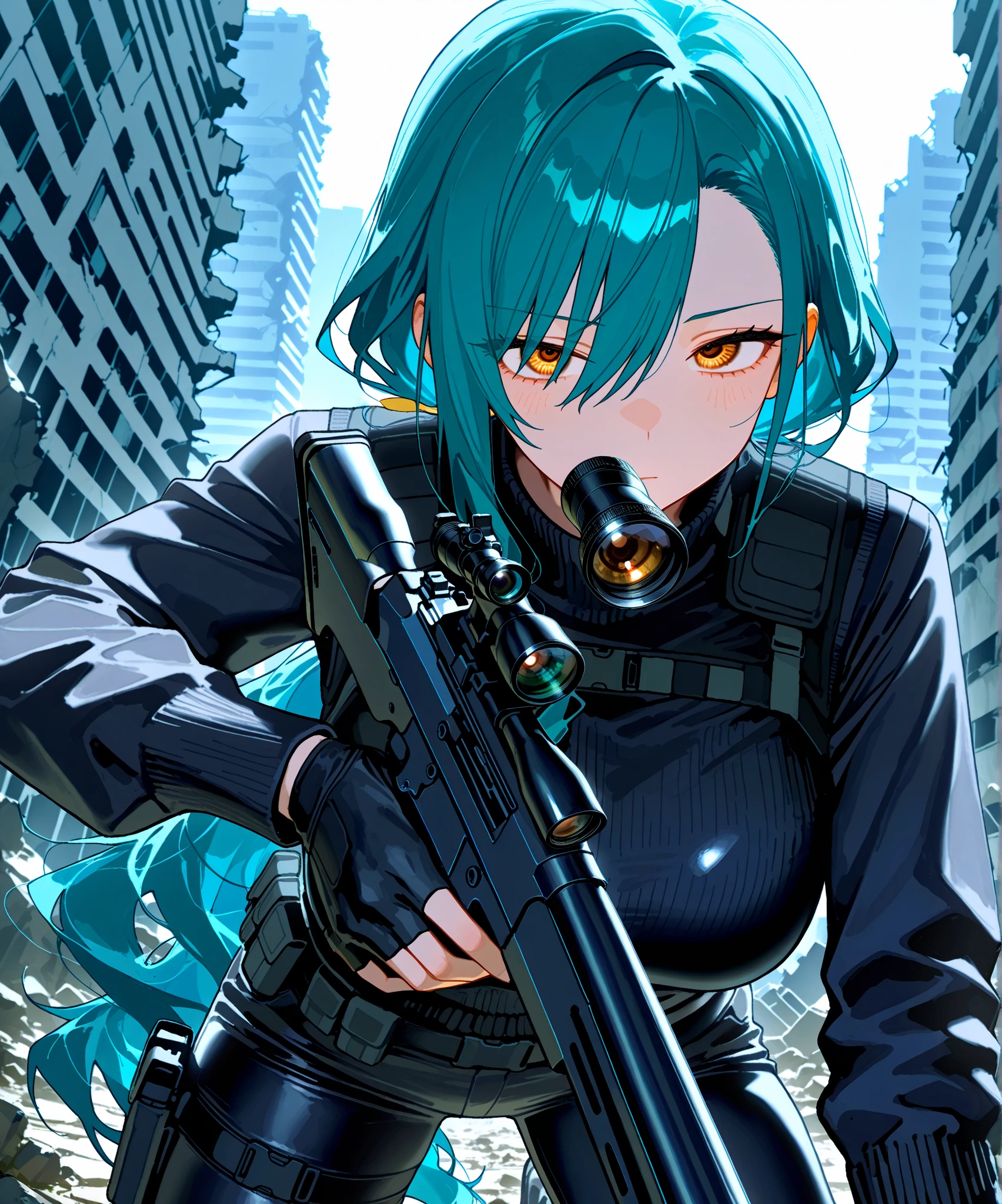 masterpiece, highly detailed, best quality, high quality, 1girl, lovely, white Jacket, solo, cute, solo focus, grey eyes, beautiful detailed eyes, beautiful detailed face, perfect hands, complete fingers, perfect anatomy, perfect proportions, long aqua hair, aiming at viewer, (pointing pistol at viewer), detailed shadows, detailed light, (black skintight bodysuit, red leotard, shoulder holster), (full black pantyhose, skintight black leggings), matching boots, full body, serious, cowboy shot, dark fantasy, dark fog,