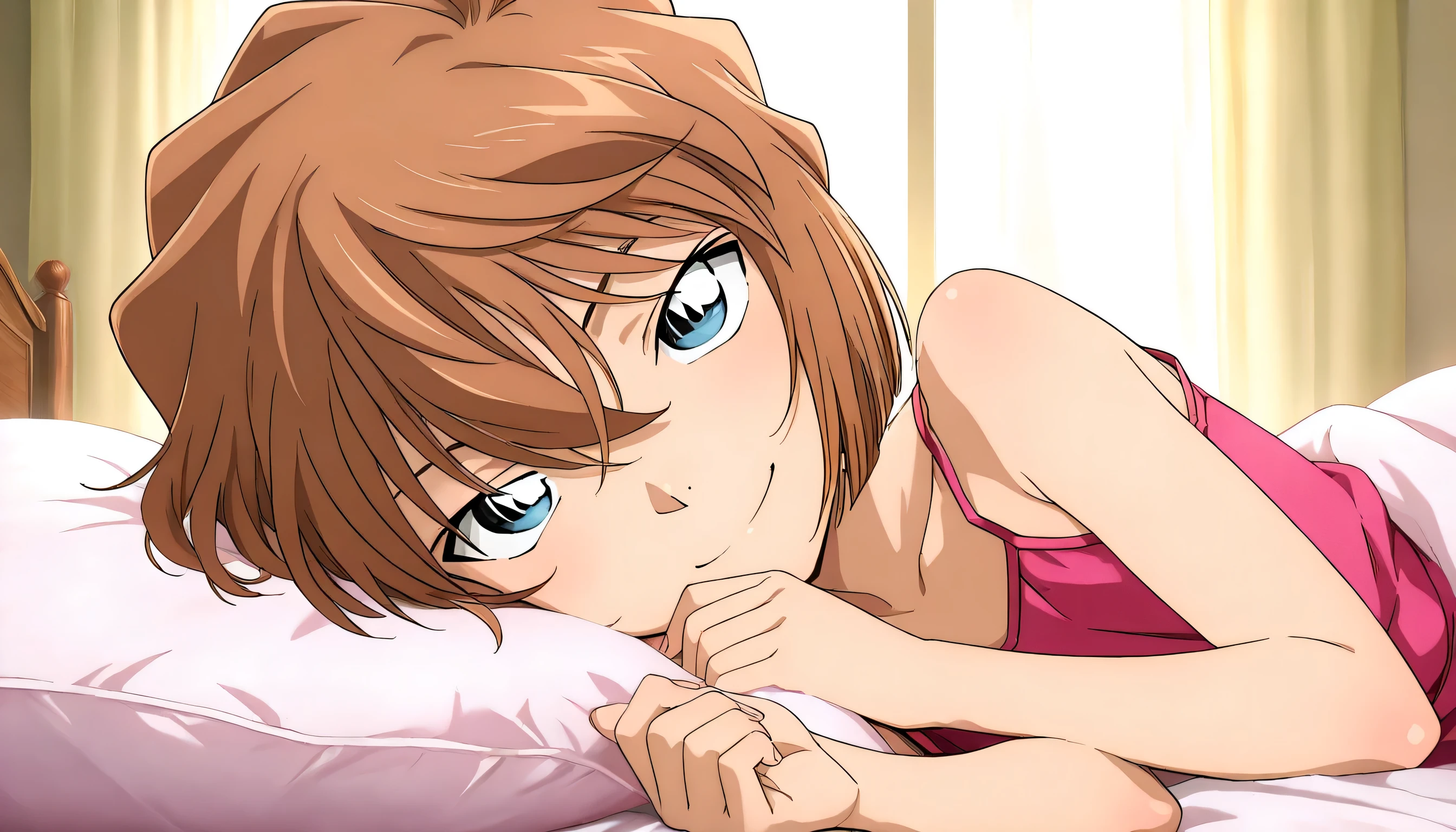 front view,
1little girl,looking at viewer,smile, 1loli,lying,bed,
Best quality,masterpiece,official art,high quality,highres,absurdres,epic scene,natural textures,haibara ai,short hair,brown hair,blue eyes,hair between eyes,