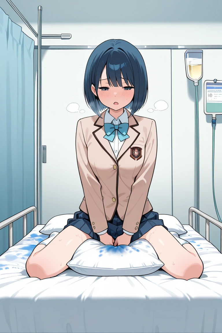 1.woman blushing embarrassed arms behind back short hair hospital sitting in chair examination 1.Man putting stethoscope on woman Man touching chest