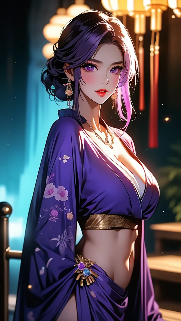 (masterpiece, best quality:1.2), (high resolution, 8K RAW photo, photo realistics, clear focus), (natural lighting, textile shading), pov, solo, face focus, 1 matured woman, 28 years old, (milf:1.5), raised sexy, New Year's visit, put your hand together, praying for happiness, closed eyes, smile, light Purple hair, medium long hair, hair over one eye, asymmetric hair, half updo hair, wavy hair, blue eyes, japanese clothes, kimono, at ZEN garden in Japanese temple, in front of torii gate, in spring, depth of field, bokeh, dynamic angle, from side above, (correct anatomy, ideal ratio of body proportions), in a night, under starry sky, Minamoto no raikou,