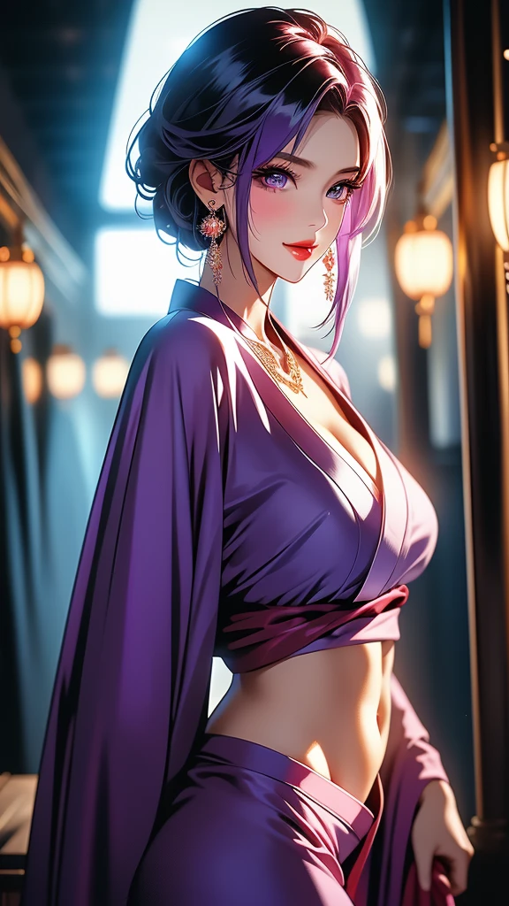 ((masterpiece)),(bestquality),((ultra-detailed)), ((beautiful detailed sky)), ((cinematic lighting)), depth of field, (dynamic angle),detailed lighting,((beautiful detailed eyes)), red lip, eyeshadow,large breast, cleavage, ((wearing turtleneck dress, off shoulders, bare hips)), ((raidenshogundef))