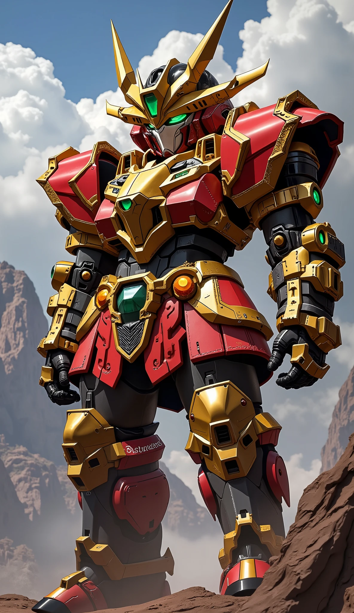 (masterpiece:1.5, best quality:1.5, extremely delicate:1.5), ((male:1.5)), Biomimetic humanoid Mecha, green eyes, fully enclosed shoulder guards, matching arm and leg guards, gemstone, full body, full armor, the design balances heavy with agility, organic biotech armor, (the color scheme is primarily Golden and Red with Black and White accents, concept Inspired by Samurai, glowing eyes, the armor glows), standing, floating high above the futuristic sci-fi city, a finely crafted Super robot in anime style, exquisite and mature art style, metallic, dramatic, high definition, highres, ultra-detailed, ultra-fine painting, professional, anatomically correct, symmetrical face, extremely detailed eyes and face, high quality eyes, creativity, RAW photo, UHD, 32k, Natural light, cinematic lighting, (masterpiece-anatomy-perfect:1.2)