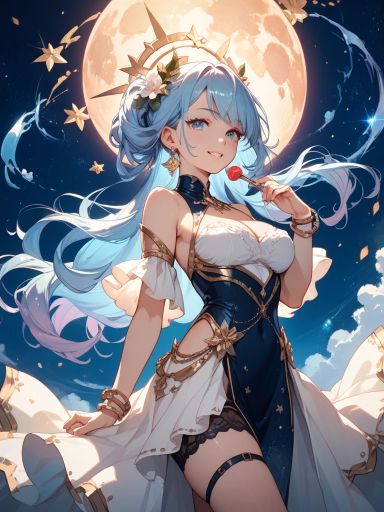 A princess with a delicate and beautiful face, large eyes, and translucent skin is looking up at the moon from a castle, enchantingly dressed in a traditional and glamorous medieval European dress and wearing a large hair ornament. A gentle, warm light surrounds the princess. The background is filled with soft out-of-focus light, and the pale blue and purple tones create a dreamy, serene, and enchanting atmosphere. Fireflies glowing in the moonlit night surround the princess, adding to the magical and ethereal atmosphere. Emphasis on the armpit and clavicle
