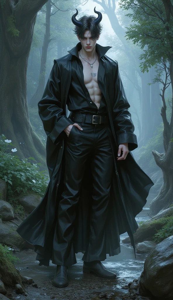 (best quality, masterpiece, highres:1.2), beautiful:1.5, open black suit, black short hair:1.5, under the moonlight in a deep forest, no one around, looking at the viewer,symmetrical eyes, at night, holding a sword in his hand, shirtless , fully naked, wearing thong, with necklace,.