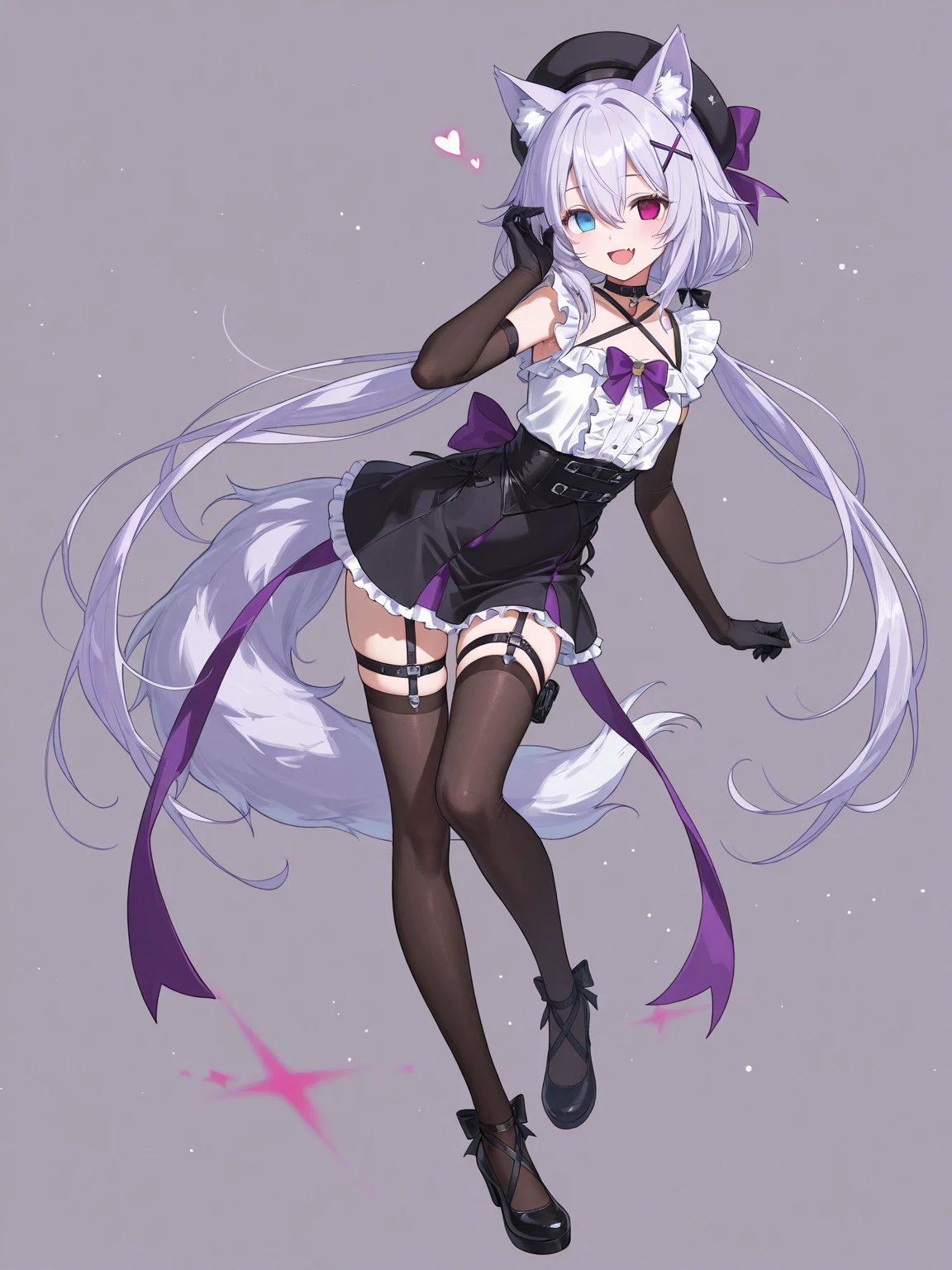 long white hair,Short stature,Purple eye,is shy,Black hairpin,longer sleeves,Lolita prostitute,Purple with white,short skirt,White stockings,Black heels,dreads,sense of science and technology,Fold sleeves over your hands,Black bow,timid,adolable,cat ear,Collaborative sub-machine,Sleeves hand covering