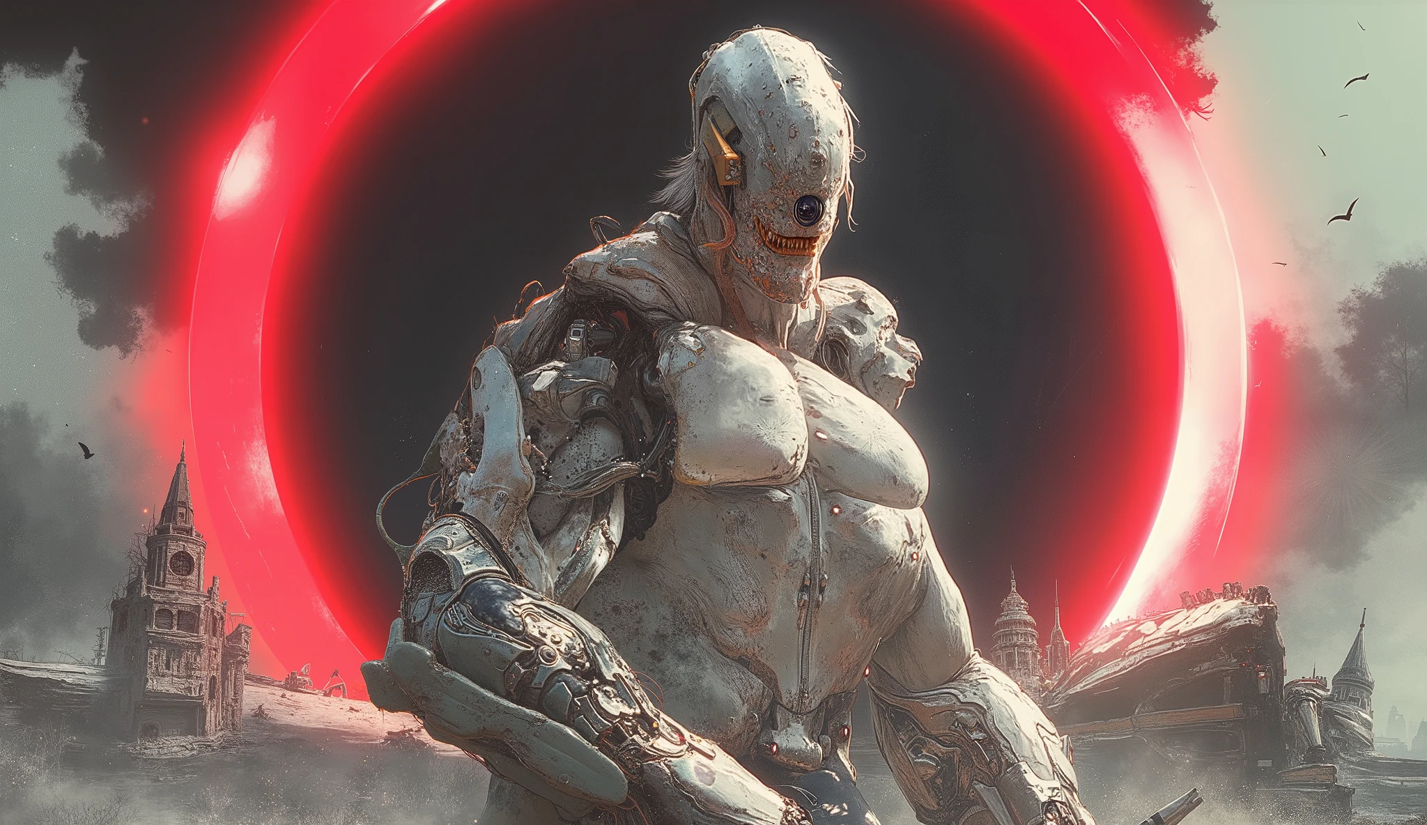 Full length detailed view. full sexy body, sexy muscle hybrid strong man and half cyborg animal, with big muscles looking into the camera, sexy muscle hyprid, hd realistic sharp details of the skin, beautyful eyes, cyborg hair, looking strong, a sexy mechanical outfit, in the background is a sun eclipse, Opalescence technical digital design. perfect eyes, top quality neo-Harajuku style embodying the mood of a post-apocalyptic world of an destroyed city by daylight, intricate robotic details, space age attire highlighted by sharp contrasting shadows, startlingly vibrant white colors, atmospheric dust particles, decaying beach background , digital UHD rendering, a breathtaking mix of fashion and dystopia. In white red and light black &white tones, hyper-realistic portrait in white, black and red.(rede: 0.4), (natural skin texture,(facial details: 1.05) Hyperrealism, soft light, Sharpness (dark frame: 1.1), epic realism, full of quiet elegance. high contrast, cinematic lighting, and a whisper of metallic shine on the fabric. editorial, timeless chic. white, black and white details, photo from far away, full body girl picture, sexy, robotic parts, big moon, big sun, detailed