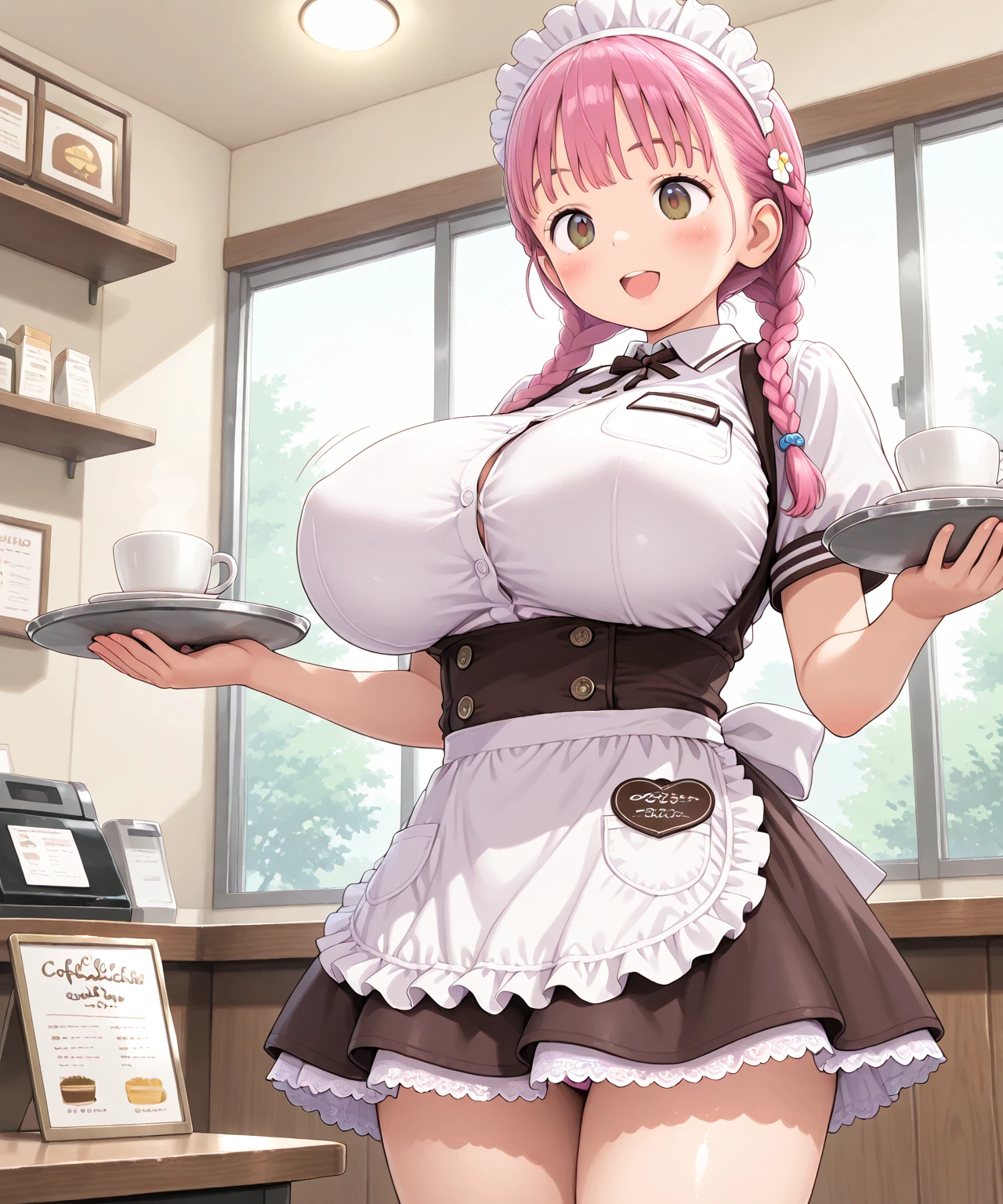 aylakaleido, black hairband, fake animal ears, pink hair, drill locks, long hair, low-tied long hair, maid, :3, breast cutout, cafe, bokeh, blurry, in focus, white thighhighs, skindentation
<lora:ayla_kaleido-22:1>