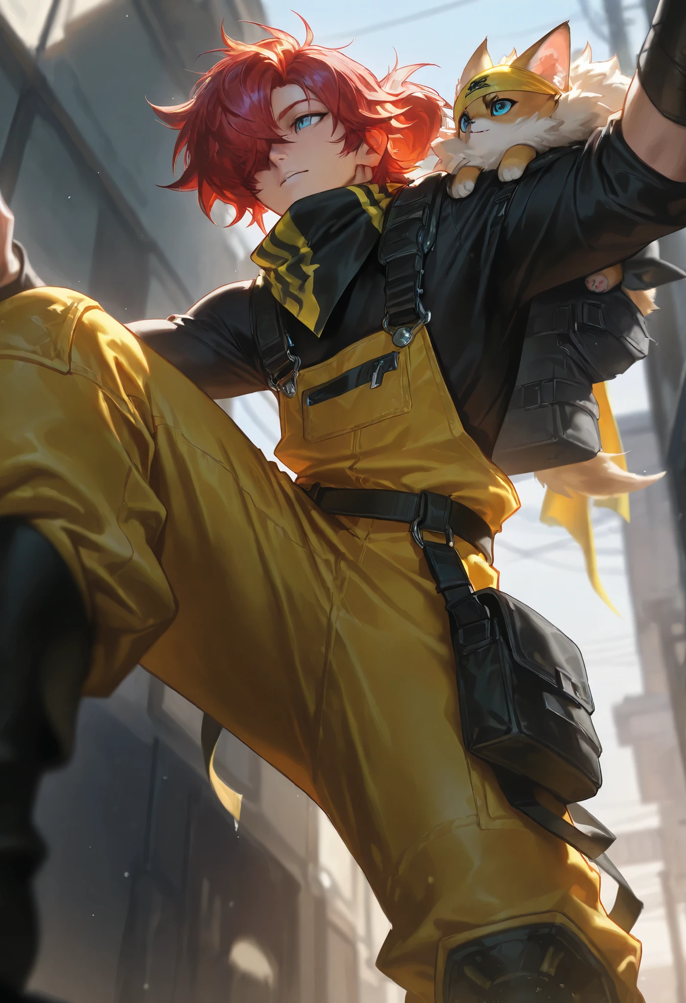 score_9, score_8_above, score_7_above, score_6_above, \(quality\), L0LSPL4SH ,  year2024 , year2023 , 1male, long red hair, tied tuck, fluffy hair, hair over eye, blue eyes, taller frame, wearing a orange and yellow overalls, oversized baggy pants, ninja bandana on the shoulder