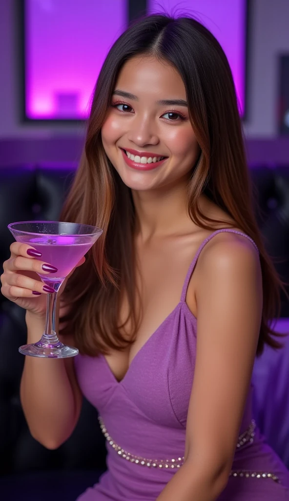 Create an image of a realistic woman holding a shiny pearlescent pink drink. She must be smiling and in a sophisticated environment, like a stylish bar or lounge. Details like soft lighting, reflections in the drink and a background that complements the scene are important to give a touch of realism and refinement to the image.