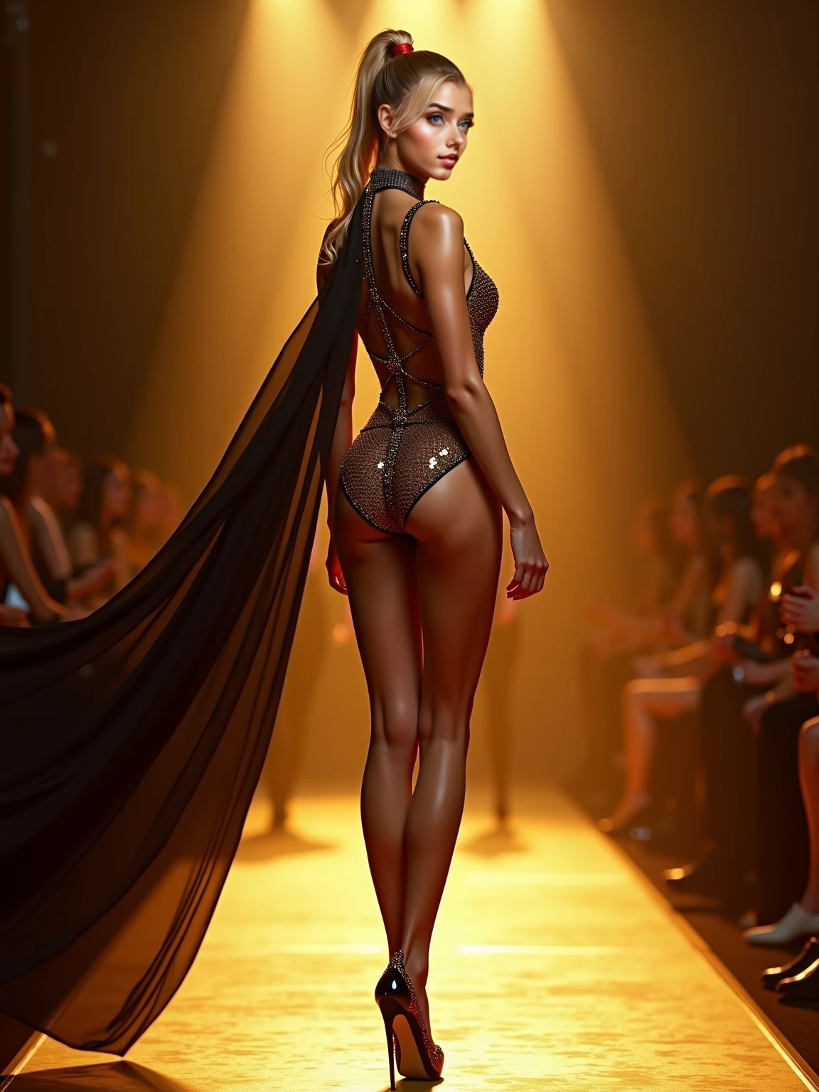 big bulging booty, tapered triangular waist, MASSIVE protruding ass, paired with tiny thin chest tapered waist, extremely unique physique, tiny waistline, huge booty, dark skin Jawara Woman, metallic fabric, thin waistline, UHD, eloquence, DSLR, no nudity, muscular abs, create a masterful Afrodite portrait, science fiction, eloquence, in the space universe, metallic fabric, with a neon color behind booty 
