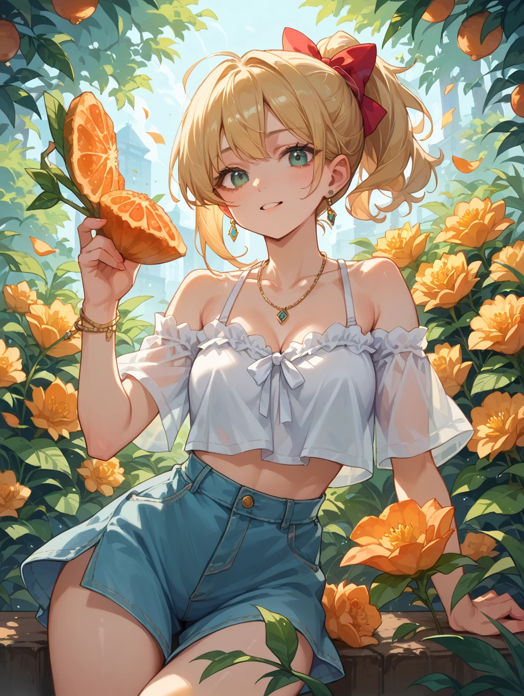 Absurd, Ultra-detailed,Bright colors,(8k:1.3),Masseter muscle area,Very beautifully detailed face and eyes, 20-year-old, Masseter muscle area、camisole、Shortedium chest、Summer Morning、Ghibli,Corn farm