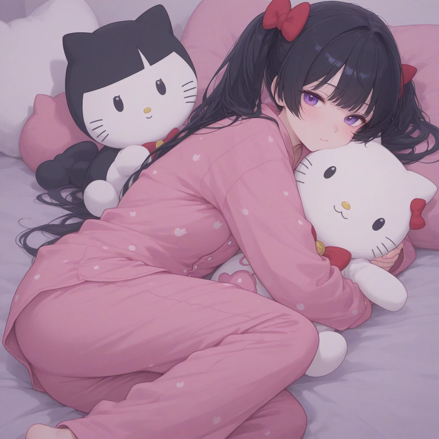 top-quality、Top image quality、masterpiece、Teenage girl((Black pajamas、18year old、 Ager、Best Bust、big bast,Black eyes, Black hair、A slender,Large valleys、Clean and clean、床futon beddingの上にいる、embarassed face、dye one's cheeks red、wonderment、Hugging a stuffed cat)),hiquality、Beautiful Art、Background with((Nice and clean room.、futon bedding、animal stuffed、pink walls))masterpiece、depth of fields,Cinematic style