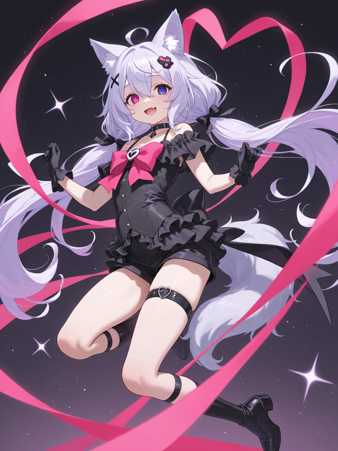 1girl, solo, absurdres, best quality, (smug smile:1.2), white hair, blue eyes, sleeveless dress, hair ornament, black dress, short, side ponytail, long hair, outdoors, nighttime, night, city, stars, starry sky, small breasts, flat chest, white gloves, white stockings, (hands on hips:1.2), (portrait, straight on, POV, looking at viewer, upper body:1.3)
