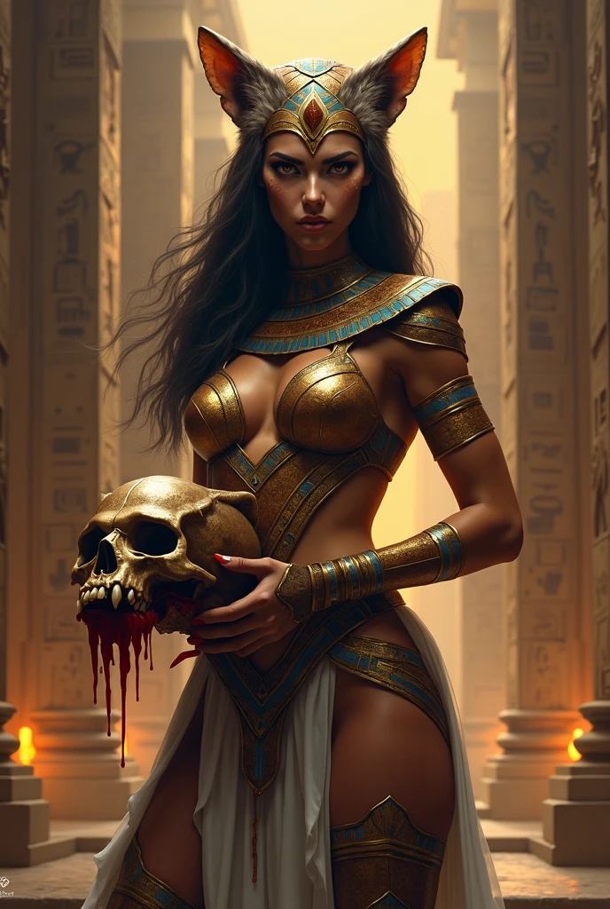 {-erro_de_anatomia:1.0} woman 30 years old, witchcraft, egyptcian, belly dancer, , a woman (cleopatra), (short hair) ,short black hair (black hair), (bangs), (yellow eyes), looks at you amidst a pile of bones and skulls. Indifferent look , merciless. among the skulls, dancing witk a demon, Angry face, dinamic poses, egoist smile, sitting, backwards, looking back