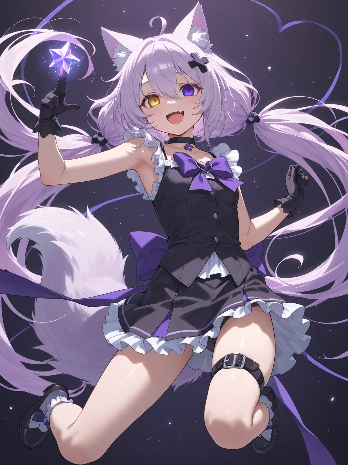 furry girl, wolf, black hair, punk hairstyle, long spiky ponytail, anime style, small breasts, red eyes, black hoodie jacket, open clothes, black bikini, black skirt, net tights, princess tiara, high quality, detailed body, detailed eyes, detailed face, masterpiece, glistening body, detailed body fur, best quality, two tone body, gray fur, clear gray fur, skinny, paws whit three toes, :D, fangs, dark tower, night sky, magic wand, purple fire on hand palm,